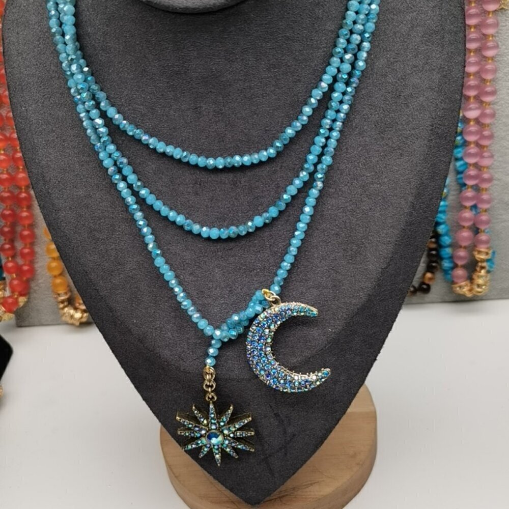 Heidi Daus Turquoise Blue Beaded Triple-Row Necklace with Moon & Star Pendants